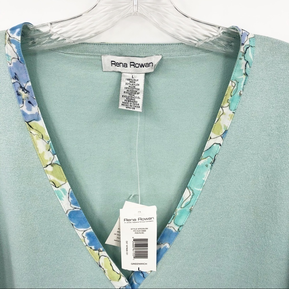 New Rena Rowan Women's L Aqua Green Silk Long Sleeve Cardigan with Artsy Print - Picture 3 of 7